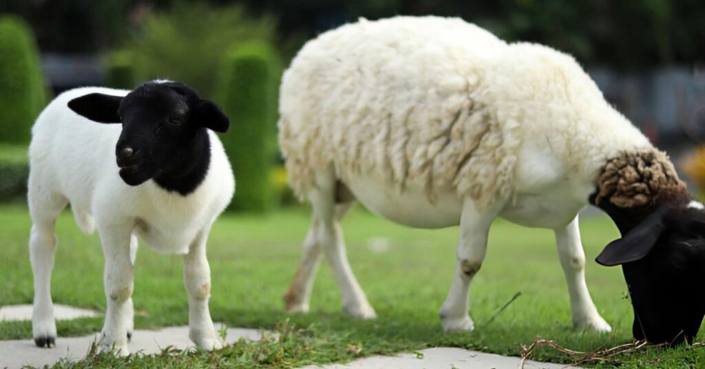 Two black-and-white lambs and a woolly white sheep grazing on green grass outdoors